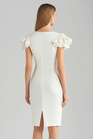 Ivory Sheath Midi Dress with Ruffle Sleeves